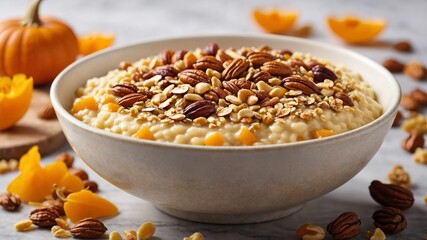 Bowl filled with oatmeal draws immediate attention, adorned with variety of nuts, fruits, presenting meal both nutritious, hearty. Oatmeal exhibits creamy texture. - obrazy, fototapety, plakaty
