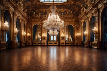 Fototapeta na wymiar A Grandiose Display of Elegance: An Ornate Ballroom with Crystal Chandeliers, Gilded Mirrors, and Intricate Parquet Flooring