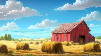 Farm-themed cartoon barn design featuring straw bales and hay piles. Concept Cartoon Barn Design, Farm Theme, Straw Bales, Hay Piles, Colorful Illustration,