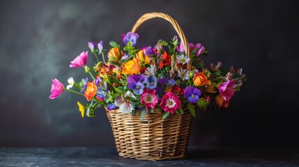 Fototapeta na wymiar A beautifully arranged basket brimming with gifts and vibrant flowers sits atop a table contrasted against a dark background ready to celebrate Mother s Day