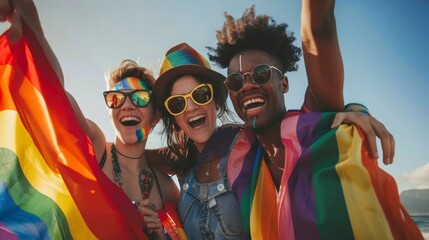 group of people of different ethnicities celebrating LGBT pride month with colorful flags