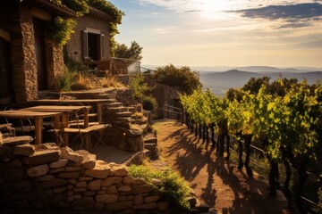 A Tranquil Afternoon in a Hillside Vineyard Overlooking the Serene Valley with Rustic Stone...