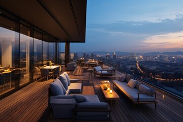 A Luxurious Rooftop Lounge Overlooking a Bustling Cityscape at Dusk, Illuminated by Warm Ambient Lighting and Decorated with Modern Furniture