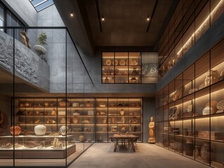A museum with a lot of glass and shelves full of pottery. The museum is very large and has a lot of light