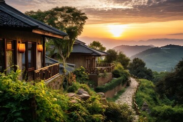 Fototapeta na wymiar A Tranquil Scene of Quaint Hillside Cottages Nestled Among Lush Greenery with a Serene Sunset Backdrop