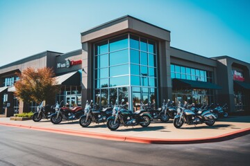 A Vibrant Motorcycle Dealership with Various Models Displayed Out Front Under a Clear Blue Sky