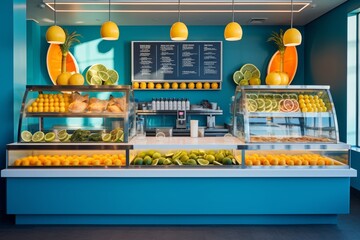 Vibrant and Inviting Smoothie Shop with Colorful Branding, Featuring a Variety of Fresh Fruits on Display and a Modern, Minimalistic Interior Design
