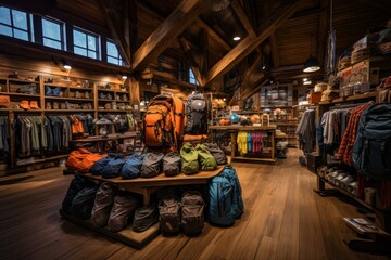 A rustic hiking gear store nestled in the mountains, offering a wide range of outdoor equipment for hiking enthusiasts - obrazy, fototapety, plakaty
