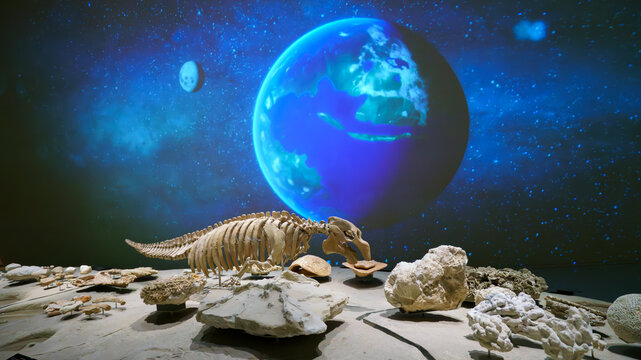 Doha, Qatar - Jan 06 2024, a panoramic view of paleotological finds, skeleton and fossils, an image of Earth and stars is projected on background, an exhibit of National Museum of Qatar, Doha, Qatar