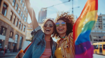 Fototapeta premium beautiful couples of women in an LGBT march supporting the community with LGBT flags in a march in the street in high resolution and high quality. march concept