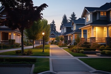 A Tranquil Suburban Neighborhood at Dusk with Children Playing, Dogs Walking, and Families Enjoying a Warm Summer Evening