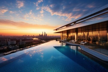 A Luxurious Rooftop Pool on a High-Rise Building Overlooking the Bustling Cityscape at Sunset