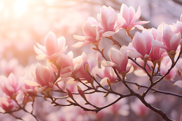 Pink flowers of a blooming spring magnolia