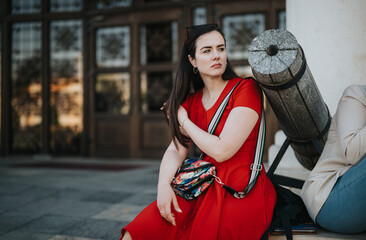 Pensive young lady with a yoga mat resting outdoors in the city, wearing a bright red dress and looking away thoughtfully.