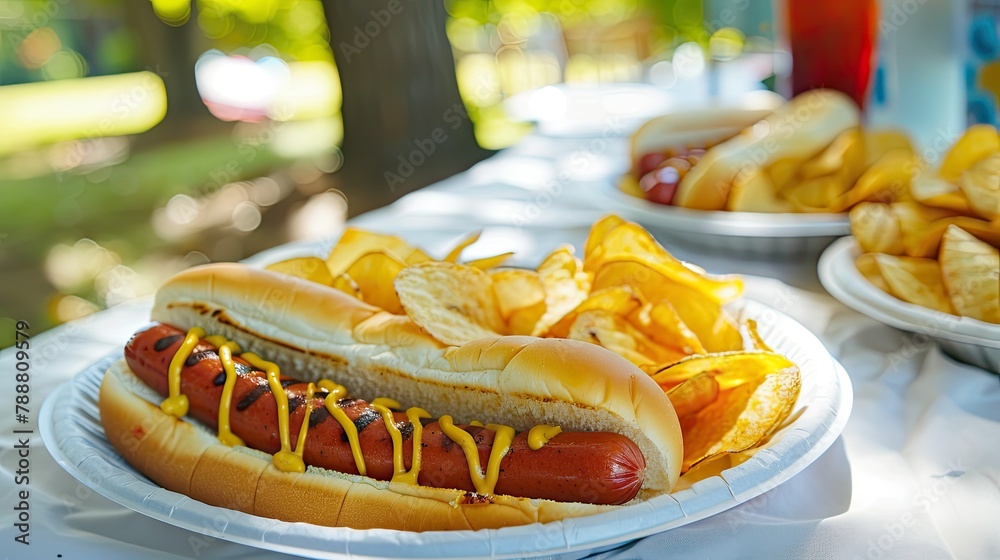 Sticker an american picnic scene unfolds outdoors featuring a classic spread of hot dogs and potato chips ne