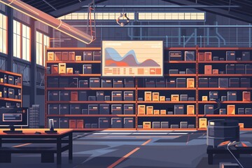 A illustration of a interior storehouse with a large screen showing analytics - obrazy, fototapety, plakaty