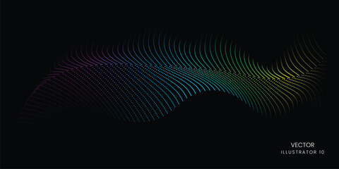 Flowing dot particles wave pattern blue and green gradient light isolated on a black background. Vector in concept of AI technology, science, and music.