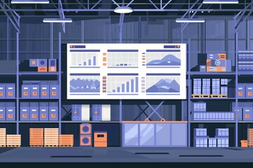 A illustration of a interior storehouse with a large screen showing analytics
