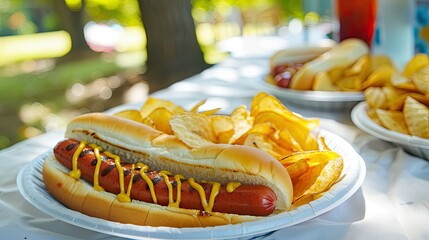 An American picnic scene unfolds outdoors featuring a classic spread of hot dogs and potato chips neatly arranged on a paper plate atop a pristine white table