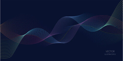 Flowing dot particles wave pattern blue and green gradient light isolated on a black background. Vector in concept of AI technology, science, and music.
