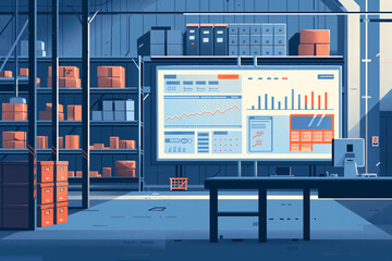 A illustration of a interior storehouse with a large screen showing analytics