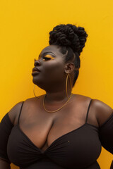 Charming overweight woman wearing a black top accessorized with gold hoop earrings