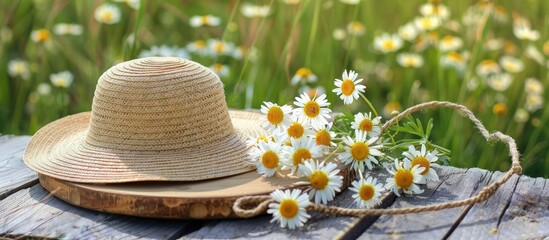 A sun hat and daisies placed on a wooden board.