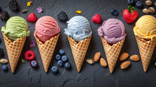 Various of ice cream flavor in cones blueberry ,strawberry ,pistachio ,almond ,orange and cherry setup on dark stone background . Summer and Sweet menu concept