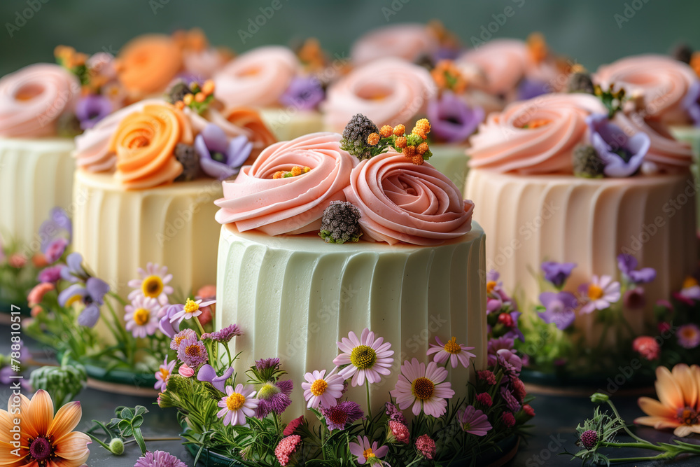 Aufkleber A row of cakes with flowers on top. The cakes are of different colors and sizes. The cakes are arranged in a row, with the tallest one in the middle and the shortest one on the far right