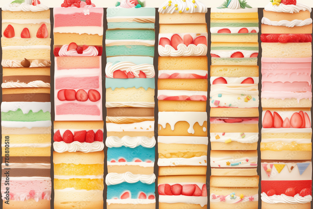 Poster A series of cakes with different colors and flavors, including strawberry. The cakes are arranged in a row, with some being taller than others. Concept of variety and abundance
