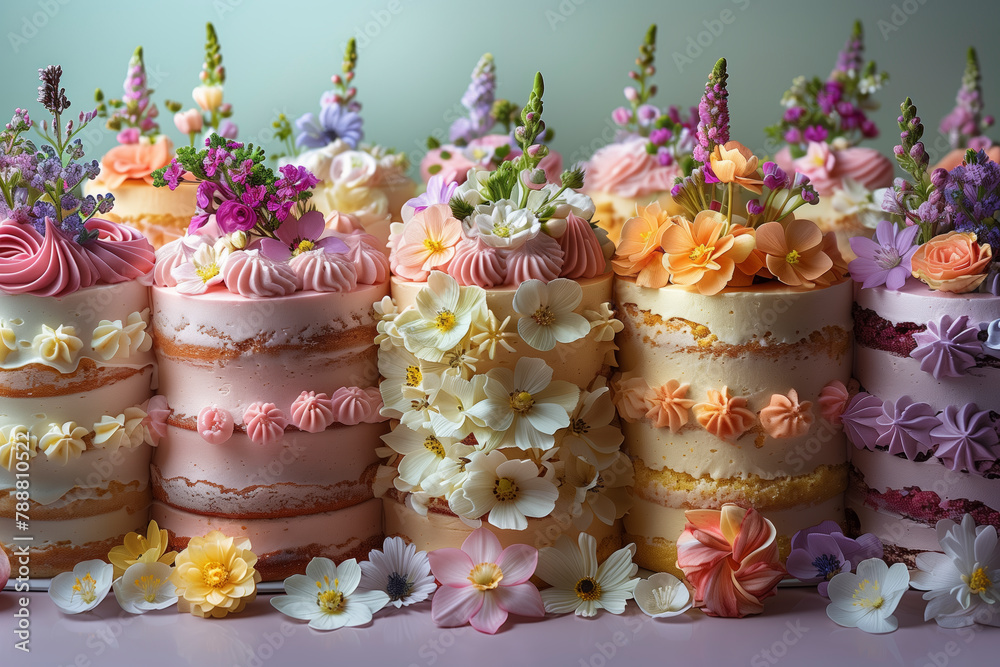 Aufkleber A row of cakes with flowers on top. The cakes are of different colors and sizes. The cakes are arranged in a row, with the tallest one in the middle and the shortest one on the far right