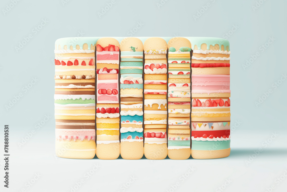 Aufkleber A row of cakes with different colors and flavors. The cakes are of different colors and sizes. The cakes are arranged in a row, with the tallest one in the middle and the shortest