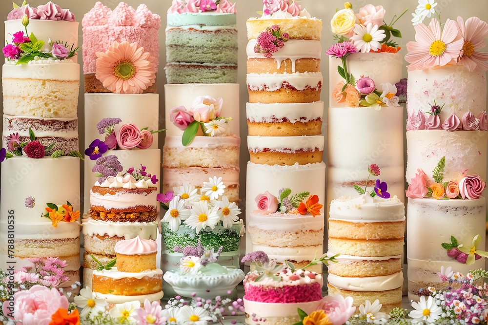 Aufkleber A row of cakes with flowers on them. The cakes are of different colors and sizes. The cakes are arranged in a way that they look like a bouquet of flowers