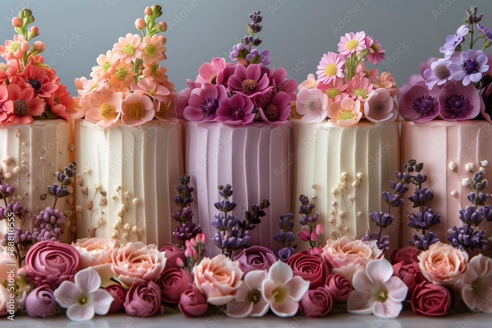 Aufkleber A row of cakes with flowers on top. The cakes are of different colors and sizes. The cakes are arranged in a row, with the tallest one in the middle and the shortest one on the far right