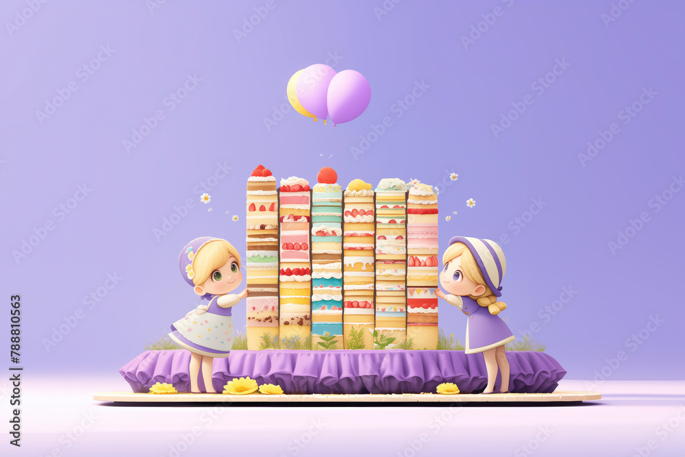Aufkleber Two girls are standing in front of a cake tower with many different cakes. They are holding hands and looking at the cakes
