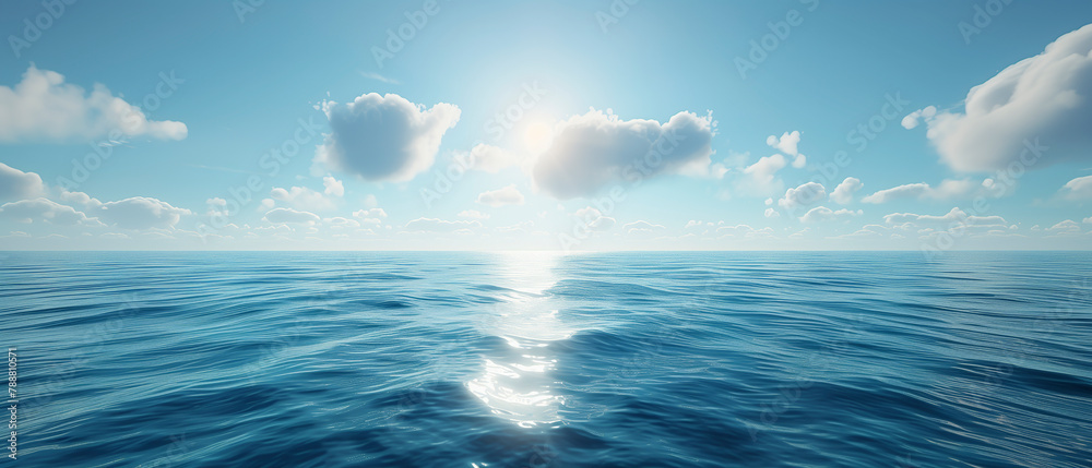 Poster a calm ocean with a bright sun shining on the water. the sky is filled with clouds, creating a seren