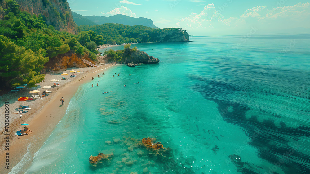 Poster a beautiful beach with a large body of water in the background. the beach is crowded with people enj