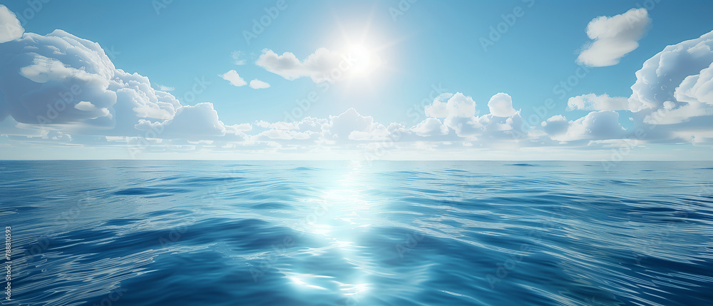 Aufkleber A calm ocean with a bright sun shining on the water. The sky is filled with clouds, creating a serene and peaceful atmosphere. The water appears to be still, with no visible waves or ripples
