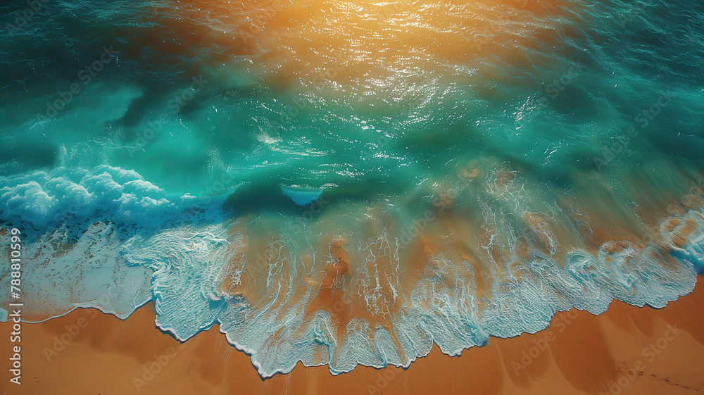 Poster The ocean is calm and the water is a beautiful shade of blue. The sun is shining brightly, creating a warm and inviting atmosphere. The waves are gentle and the water is still view from above
