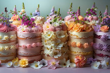 A row of cakes with flowers on top. The cakes are of different colors and sizes. The cakes are arranged in a row, with the tallest one in the middle and the shortest one on the far right