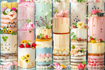 A row of cakes with flowers on them. The cakes are of different colors and sizes. The cakes are arranged in a way that they look like a bouquet of flowers