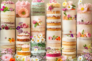 A row of cakes with flowers on them. The cakes are of different colors and sizes. The cakes are arranged in a way that they look like a bouquet of flowers
