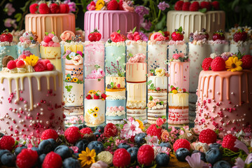 A row of cakes with different colors and designs, including pink, blue, and yellow. The cakes are decorated with frosting and fruit, such as strawberries and blueberries
