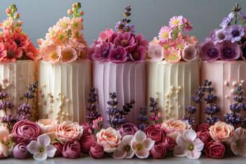 A row of cakes with flowers on top. The cakes are of different colors and sizes. The cakes are arranged in a row, with the tallest one in the middle and the shortest one on the far right