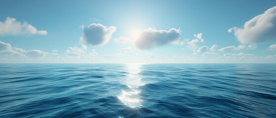 A calm ocean with a bright sun shining on the water. The sky is filled with clouds, creating a serene and peaceful atmosphere. The water appears to be still, with no visible waves or ripples