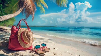 A summer holiday setup including a bag, sunglasses, and flip-flops on a tropical beach - obrazy, fototapety, plakaty