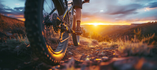 Mountain biking at sunset, capturing essence of adventure and outdoor thrill. Silhouette of cyclist on rugged trail against golden sunlight evokes sense of freedom and exploration. Wheel close-up.