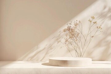 minimalist paper podium with natural elements on pastel background wellness product display
