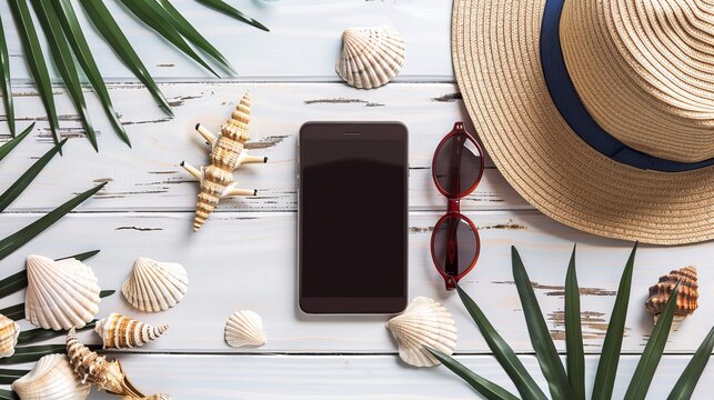 A summer travel vacation concept displayed in flat lay style, including a passport, plane, hat, phone with an empty screen, sunglasses, and shells on a white wooden background