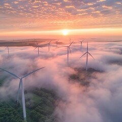 Dawn's Whisper: Wind Turbines in Morning Fog